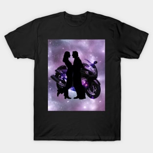 Motorcycle couple in purple T-Shirt